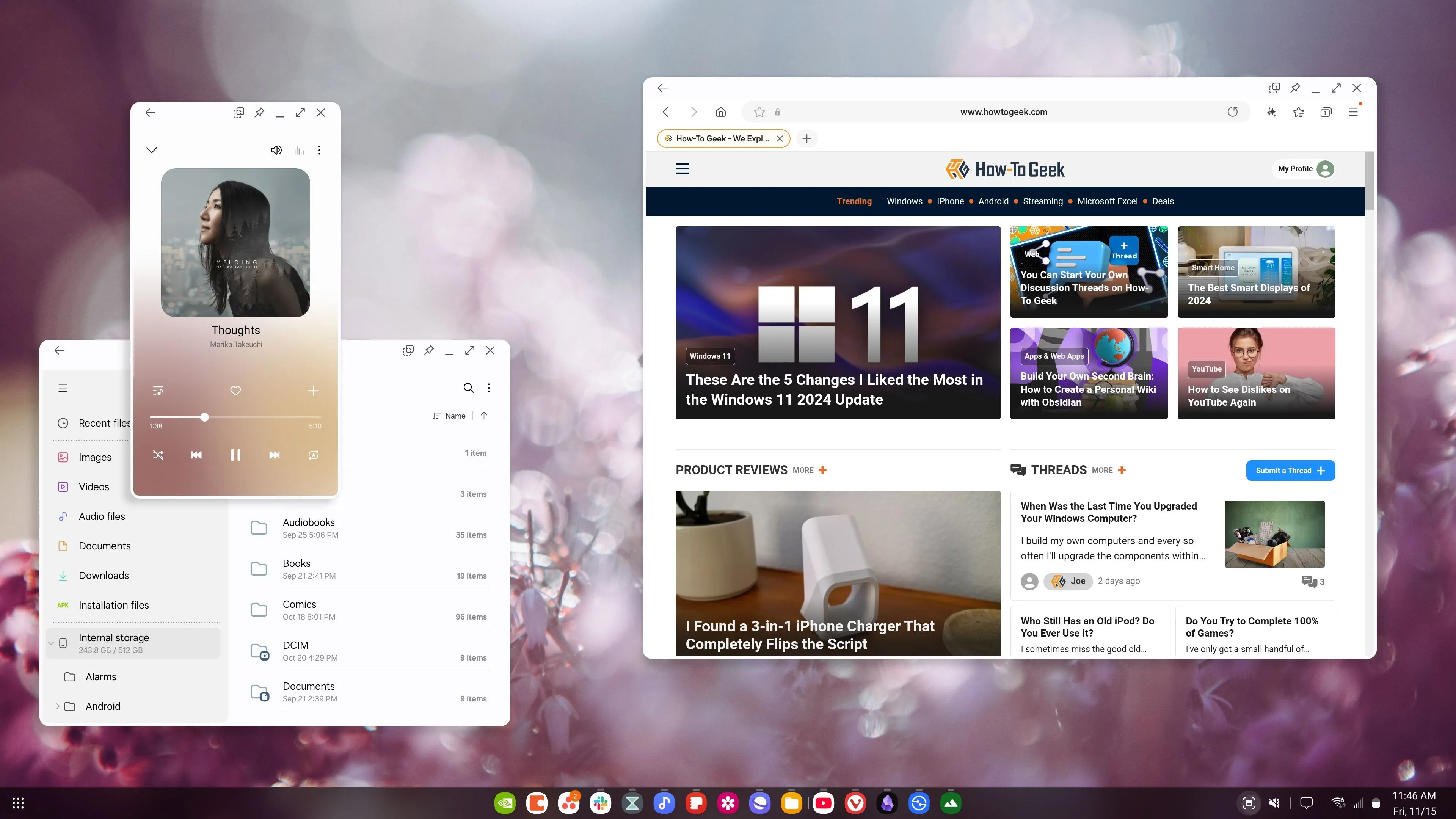 Giao diện desktop Samsung DeX với nhiều ứng dụng đang mở, thể hiện khả năng đa nhiệm