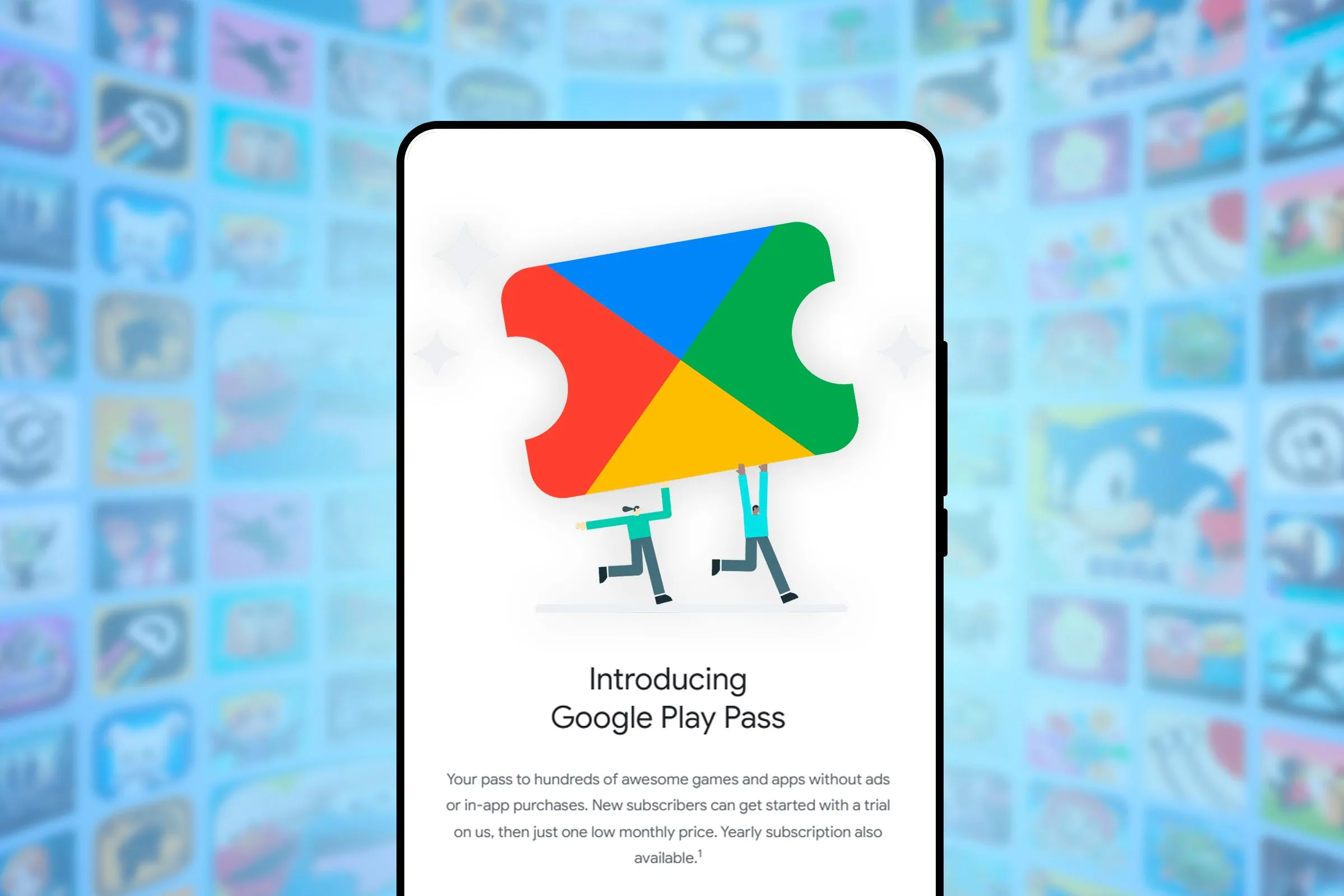 Giao diện dịch vụ Google Play Pass trên màn hình điện thoại thông minh, giải pháp game di động cho gia đình