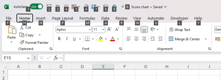 Giao diện Excel hiển thị các phím tắt Alt cho Ribbon.