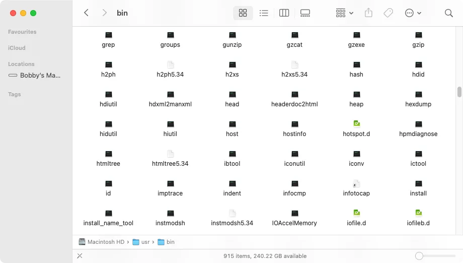Giao diện Finder trên macOS hiển thị nội dung thư mục /usr/bin với các công cụ Unix và Linux quen thuộc như grep, head, và host, minh họa khả năng tương thích nền tảng của macOS.