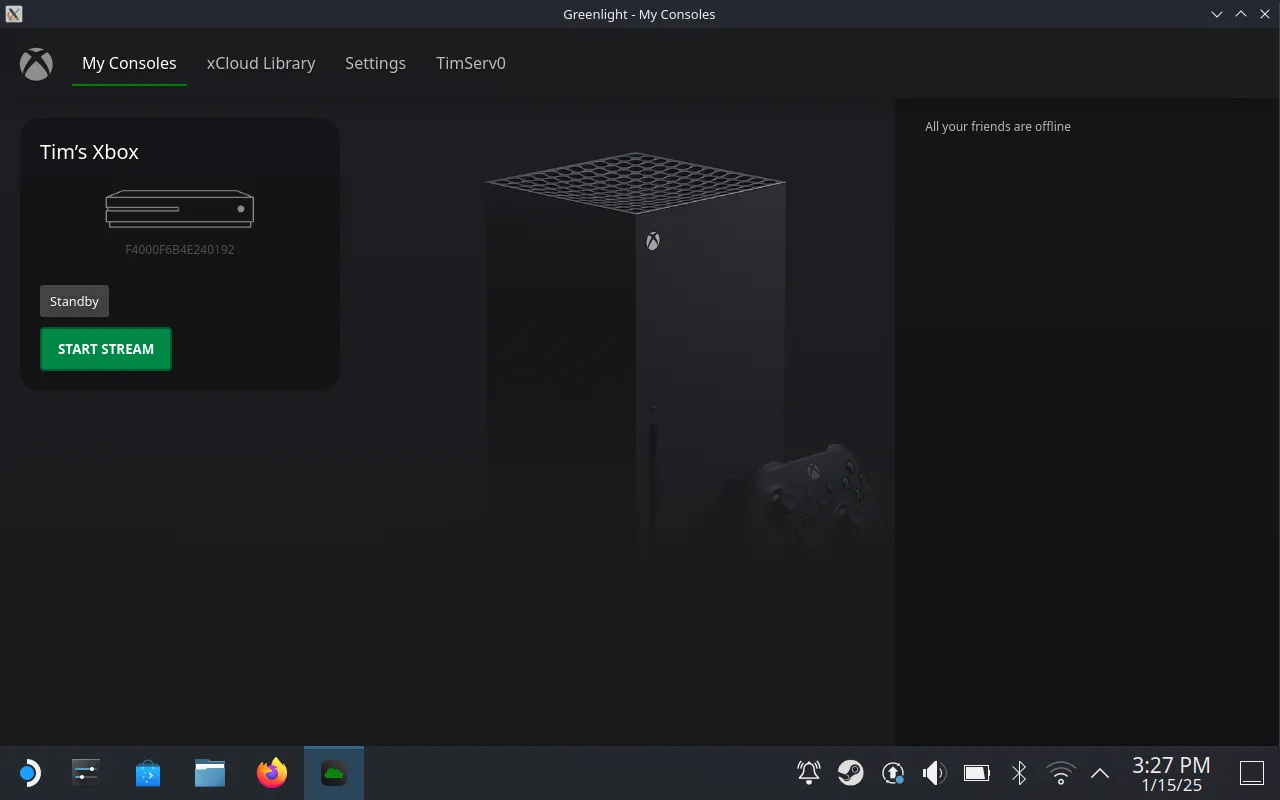Giao diện Greenlight sau khi đăng nhập, hiển thị console và thư viện xCloud