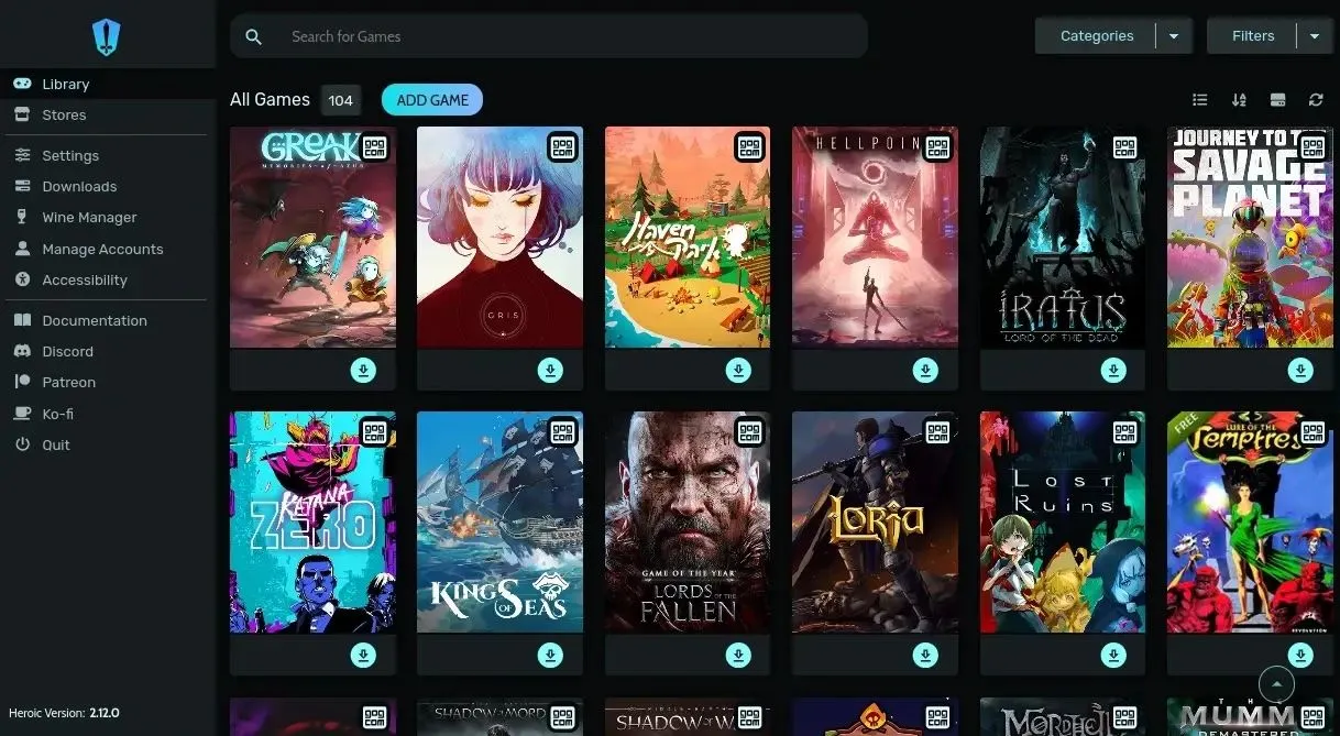 Giao diện Heroic Games Launcher, công cụ hỗ trợ chơi game từ Epic, GOG trên SteamOS