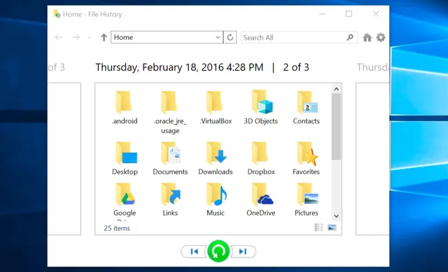 Giao diện khôi phục các phiên bản tệp tin cũ bằng File History trong Windows.