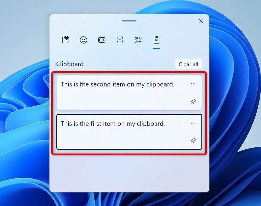 Giao diện lịch sử clipboard Windows hiển thị các mục đã sao chép khi kích hoạt bằng Win V