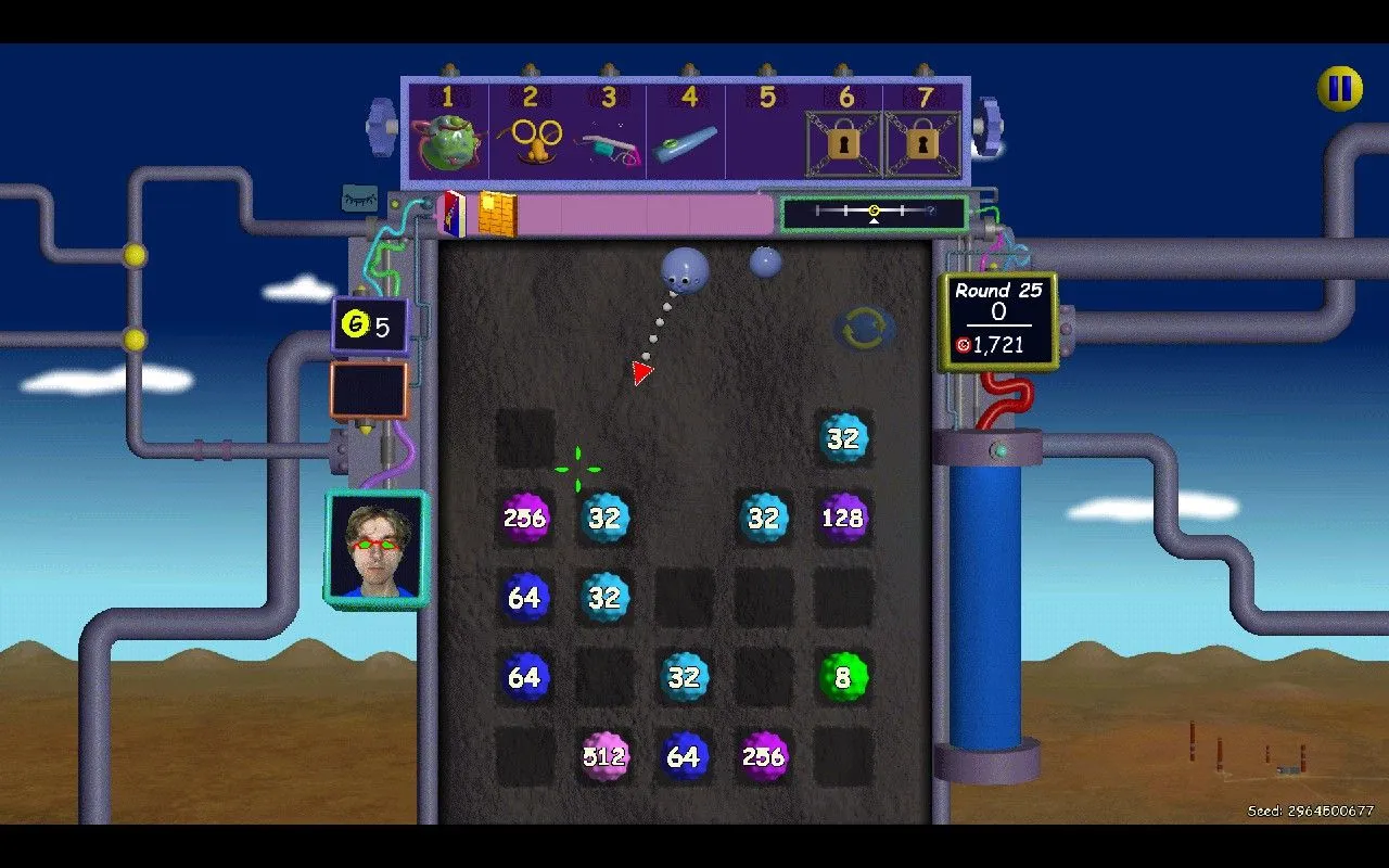 Giao diện màn hình chơi game Nubby's Number Factory với bảng Plinko và các chốt số.