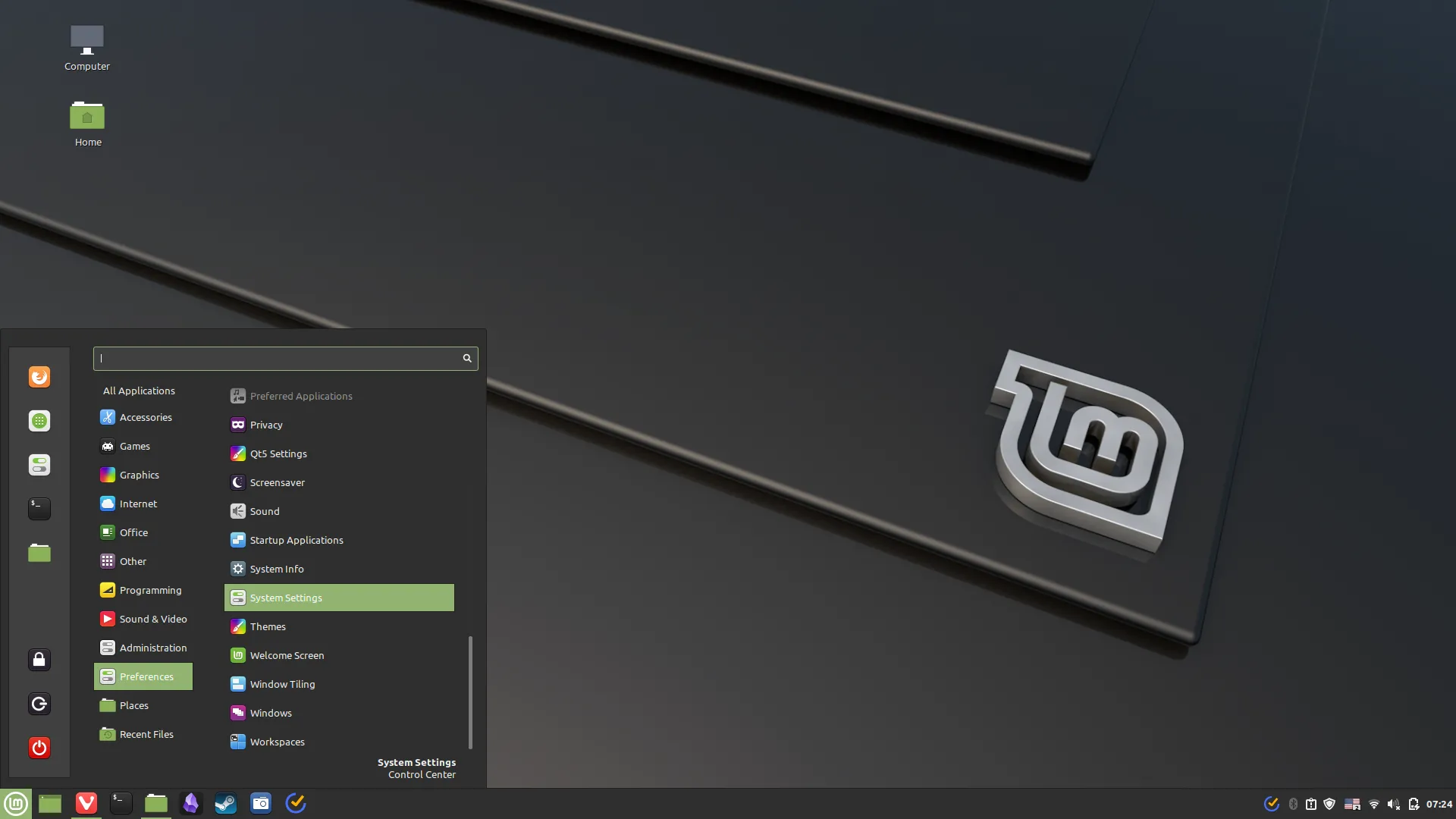 Giao diện menu Start quen thuộc của Linux Mint, dễ dàng truy cập ứng dụng và cài đặt hệ thống