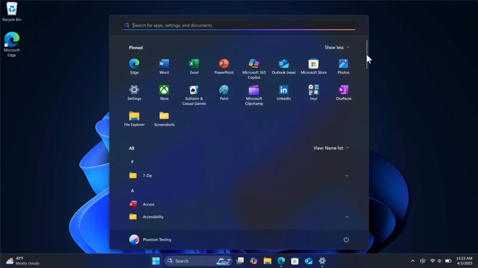 Giao diện Menu Start Windows 11 mới với danh sách ứng dụng đầy đủ có thể cuộn và tùy chỉnh