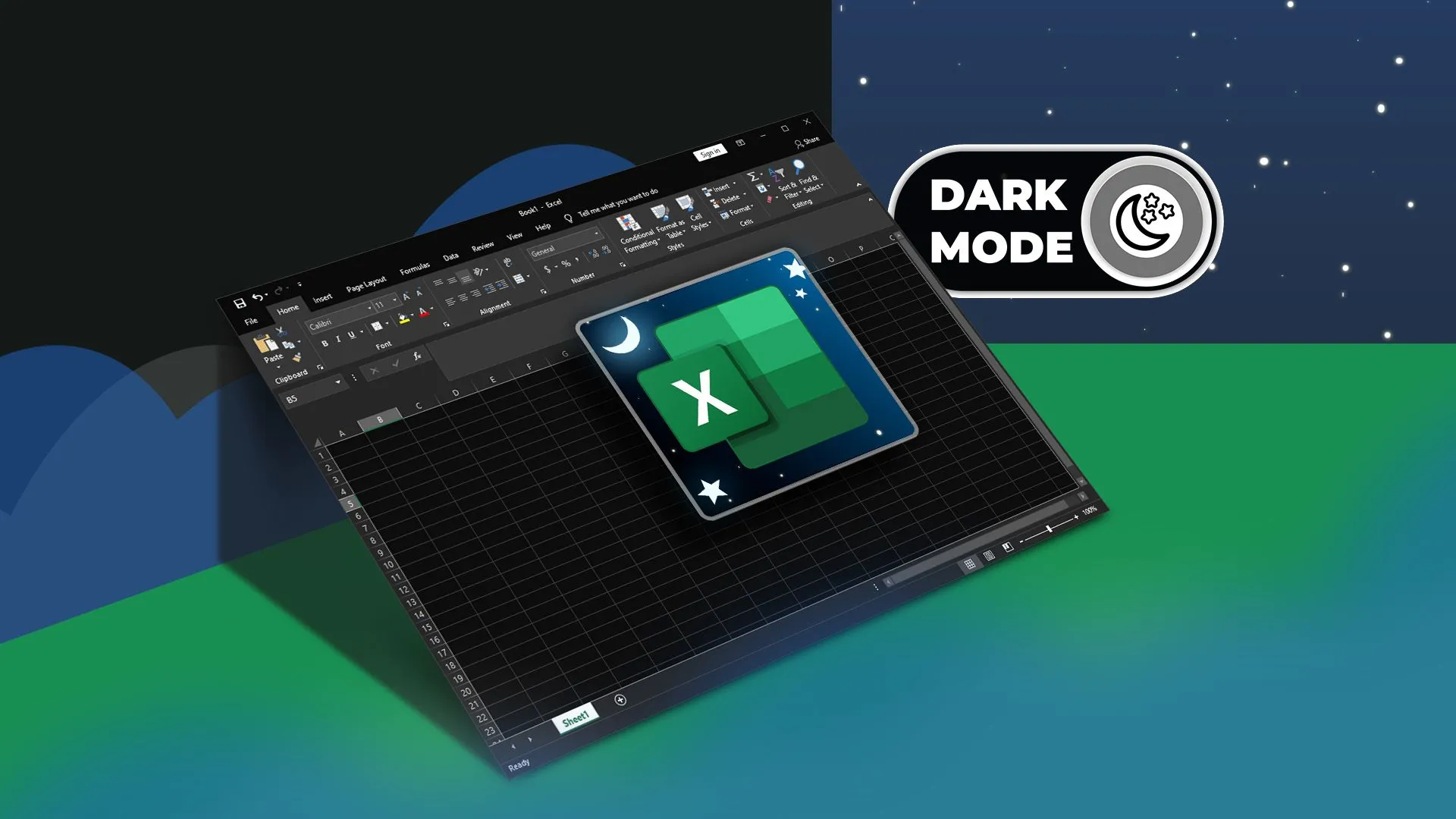 Giao diện Microsoft Excel ở chế độ Dark Mode, với biểu tượng Excel và nút bật/tắt chế độ