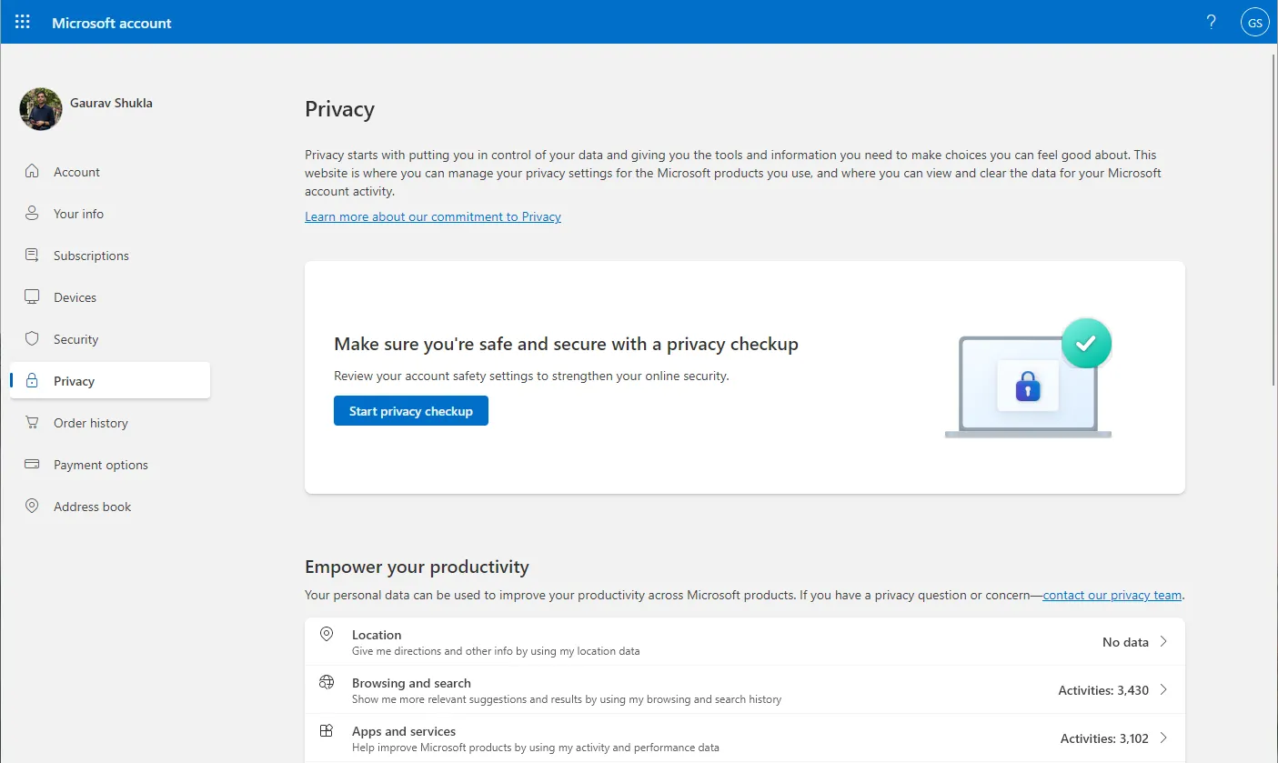 Giao diện Microsoft Privacy Dashboard