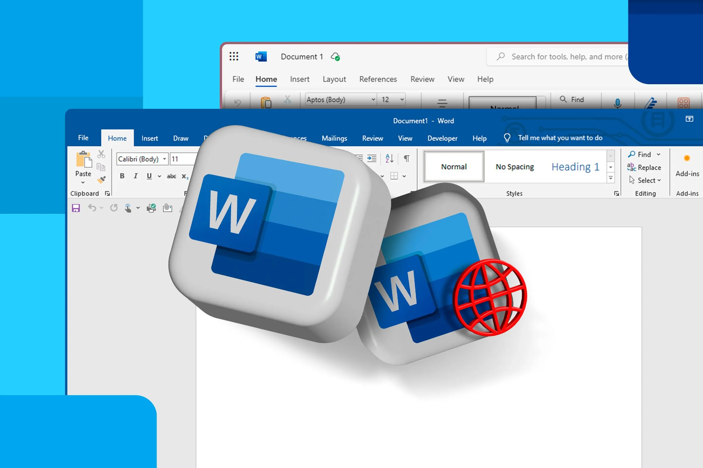Giao diện Microsoft Word trên máy tính và web, với logo Word ở trung tâm