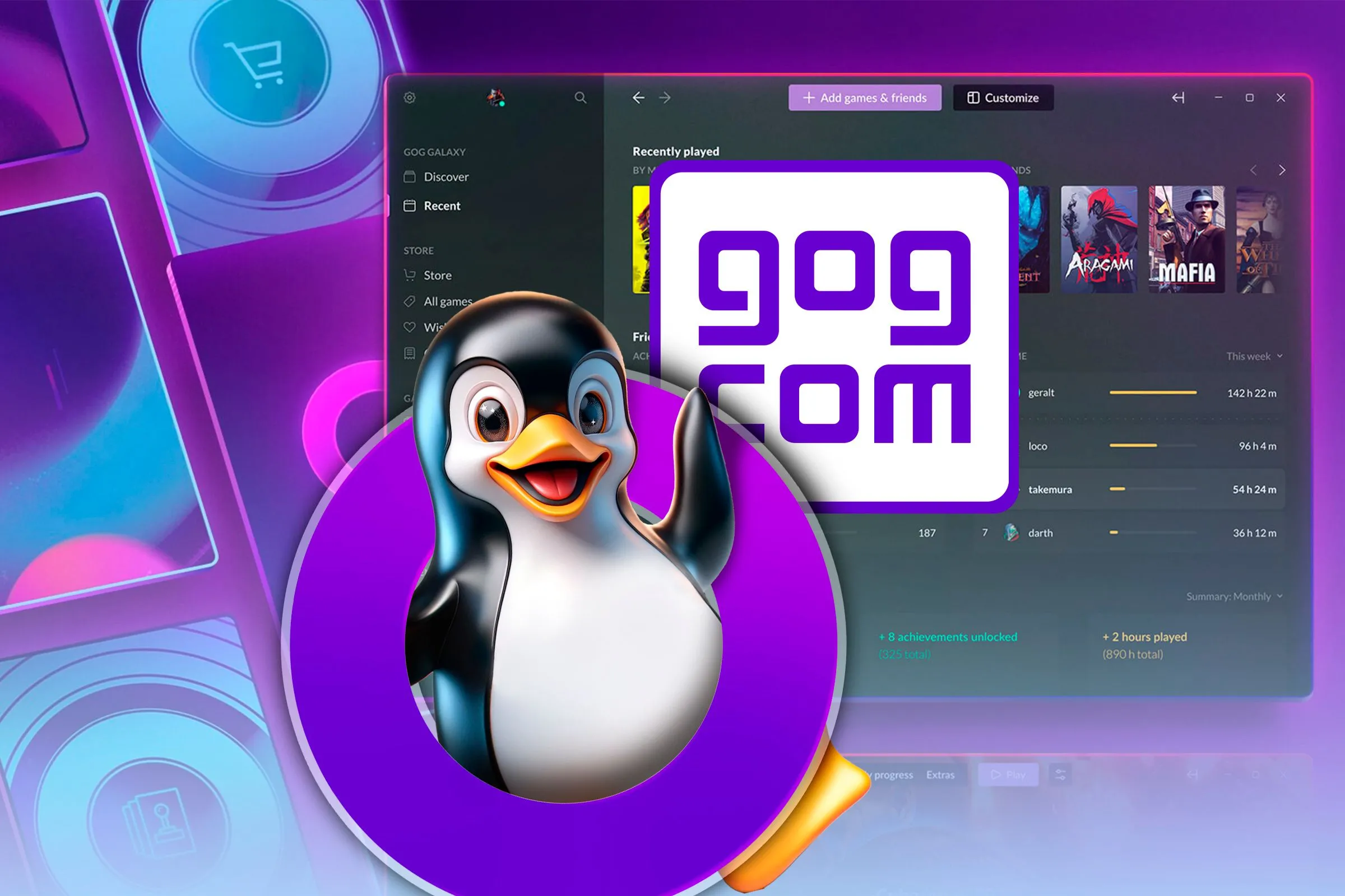Giao diện minh họa Minigalaxy, client thay thế GOG Galaxy trên Linux, với linh vật Tux và logo GOG