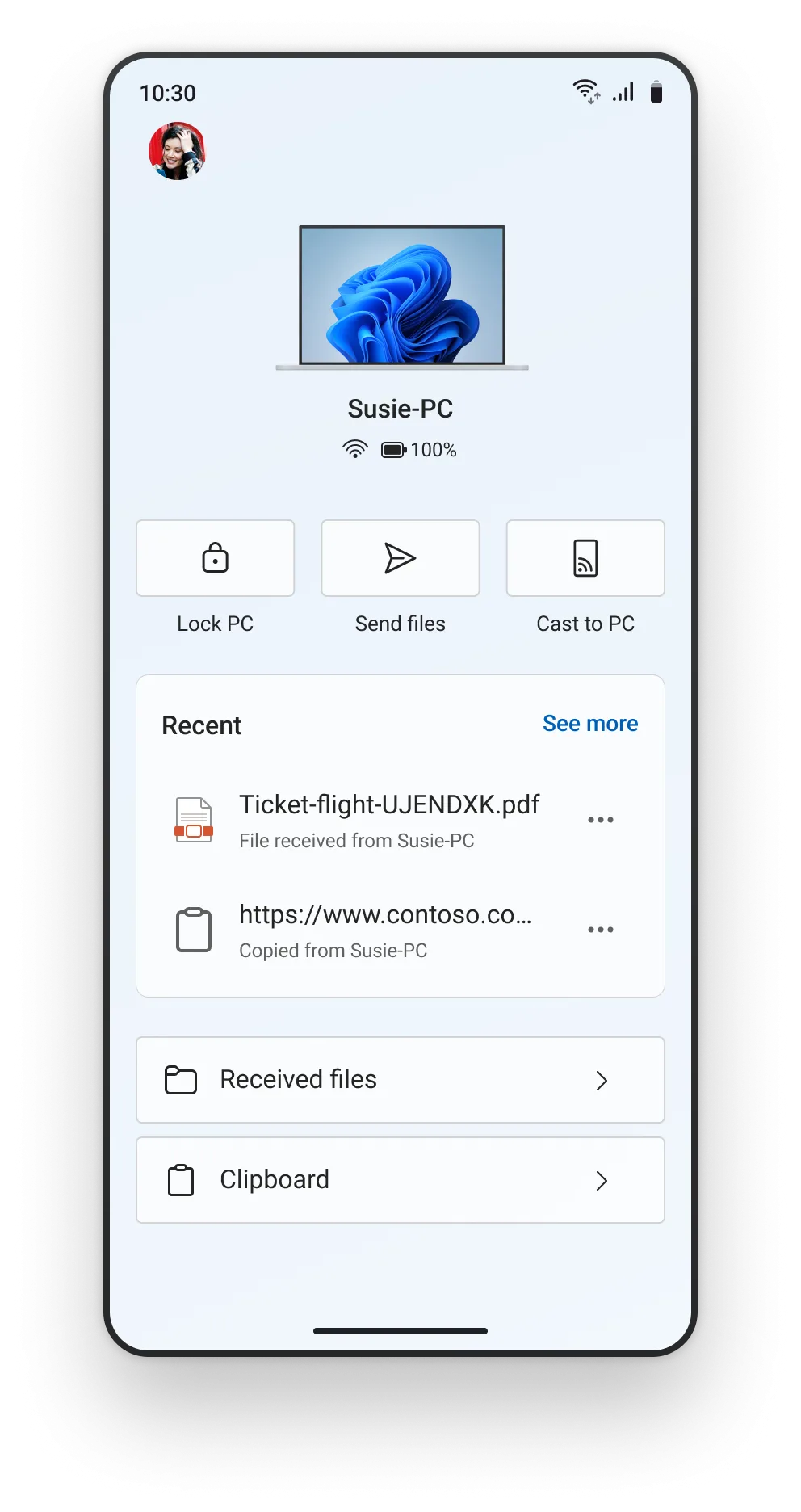 Giao diện mới của ứng dụng Link to Windows trên điện thoại Android với các tùy chọn điều khiển máy tính như Khóa PC, Gửi tệp đến PC và Phản chiếu màn hình.