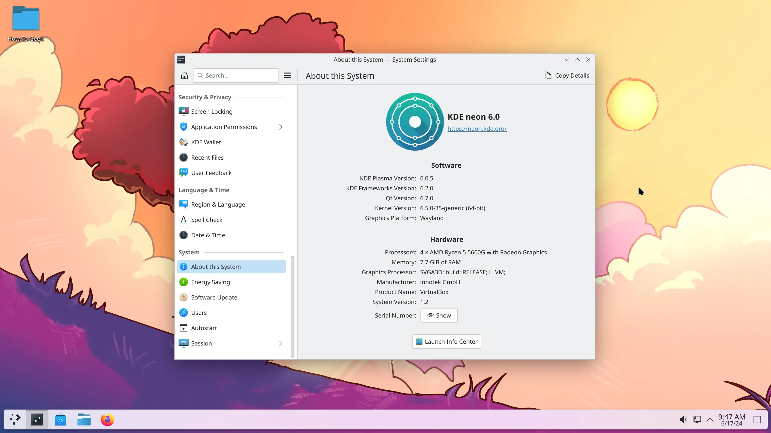 Giao diện môi trường desktop KDE Plasma 6 trên KDE Neon, một ví dụ về GUI trên Linux, đối lập với thiết kế thống nhất của macOS.