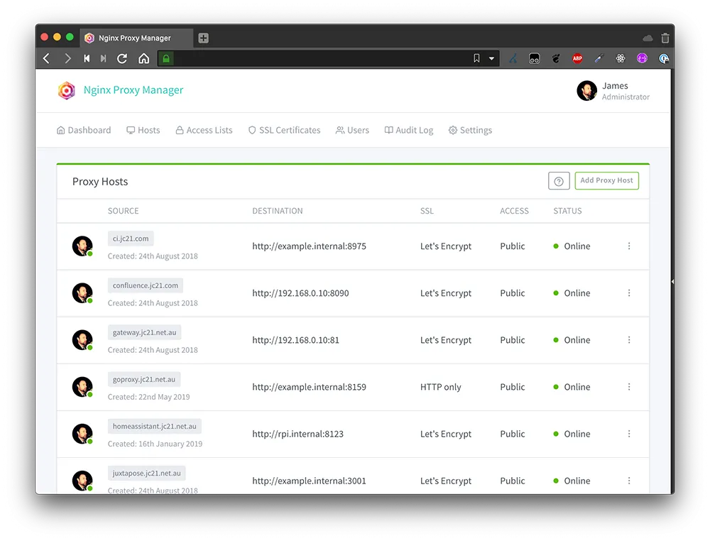 Giao diện Nginx Proxy Manager hiển thị các tên miền được sử dụng cho các dịch vụ tự host
