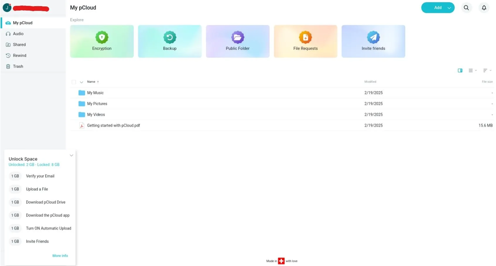 Giao diện người dùng của ứng dụng web pCloud trên trình duyệt hiển thị màn hình chính.