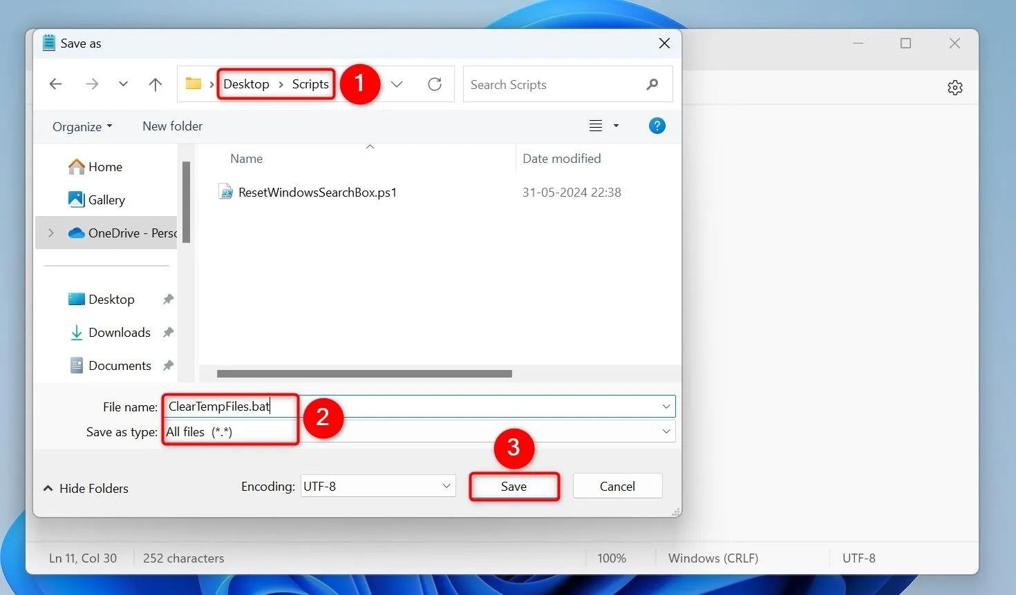 Giao diện Notepad đang lưu file ClearTempFiles.bat với tùy chọn Save as type là All Files và File name là ClearTempFiles.bat