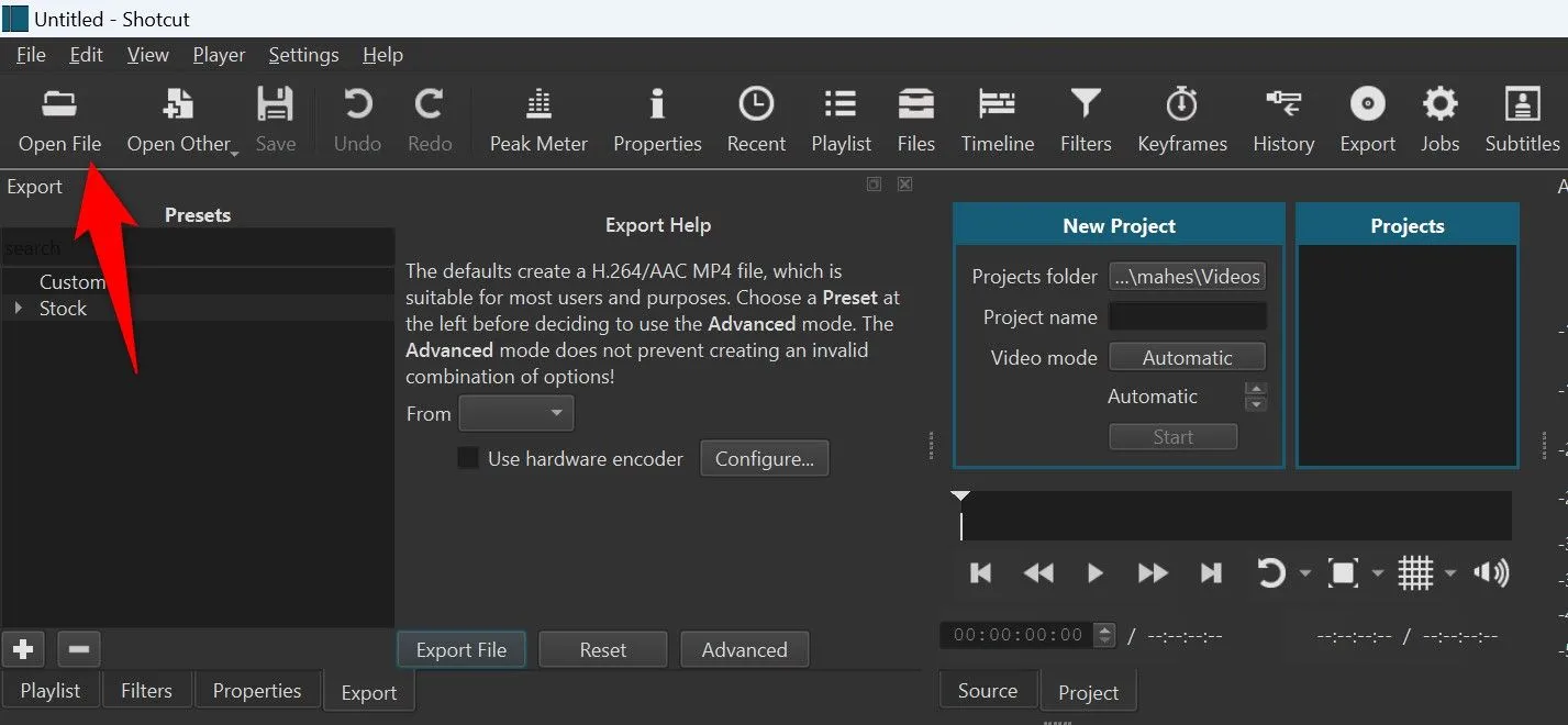 Giao diện phần mềm chỉnh sửa video Shotcut khi mở một tệp dự án.