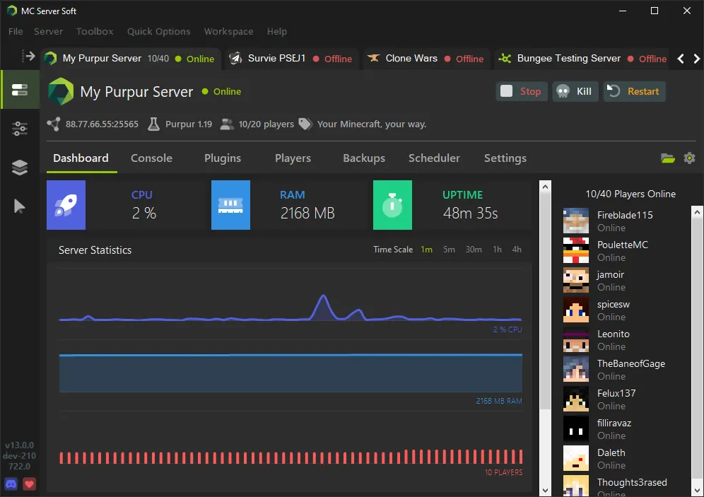 Giao diện phần mềm MC Server Soft hiển thị một máy chủ Minecraft đang hoạt động với danh sách người chơi trực tuyến, giúp quản lý server dễ dàng.