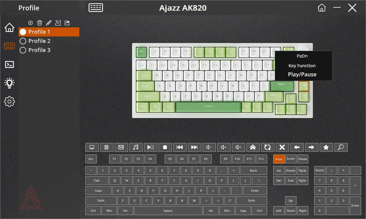 Giao diện phần mềm tùy chỉnh bàn phím Ajazz AK820, minh họa việc gán chức năng Play/Pause cho phím PgDn.