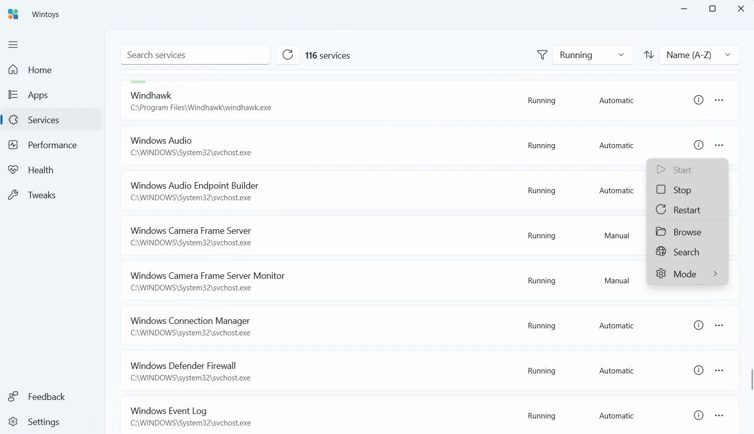 Giao diện quản lý các dịch vụ Windows trong ứng dụng Wintoys, cho phép dừng, khởi động lại hoặc thay đổi loại khởi động.