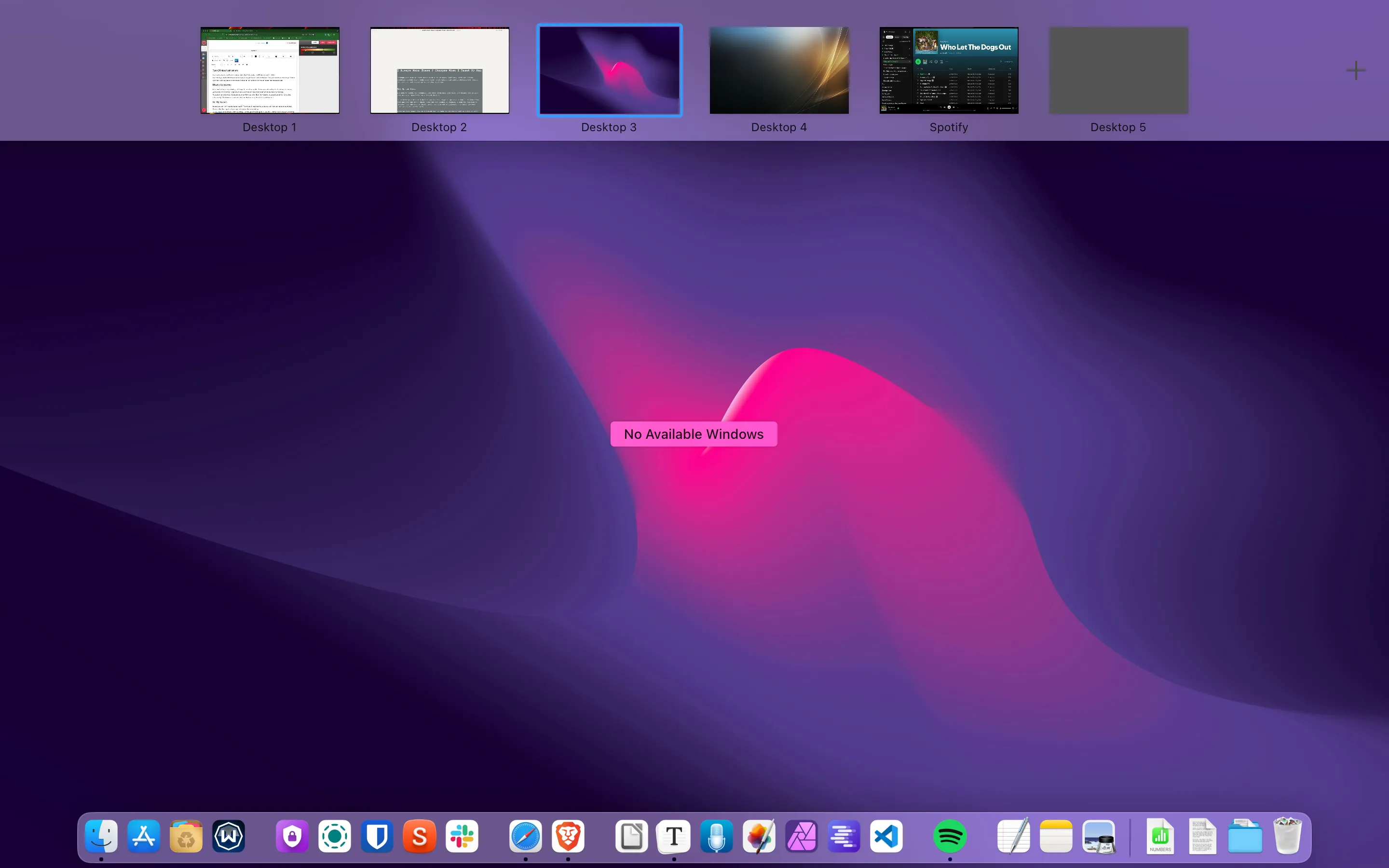 Giao diện Spaces trong macOS, hiển thị các màn hình ảo đang hoạt động