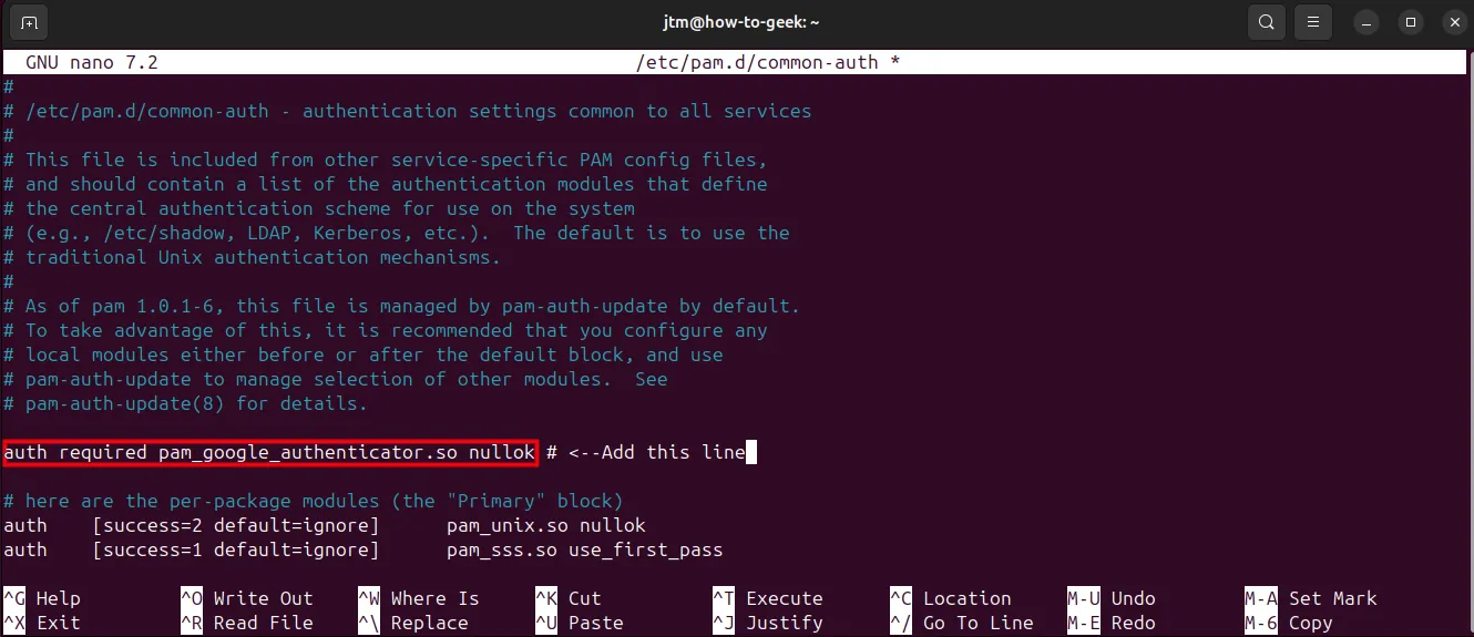 Giao diện Terminal chỉnh sửa file cấu hình pam.d/common-auth để thêm dòng pam_google_authenticator.so.