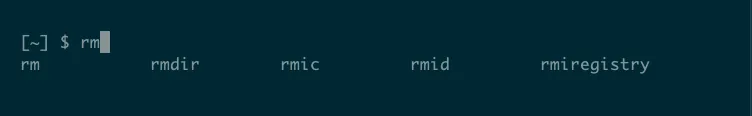 Giao diện terminal Linux hiển thị các lệnh có thể được hoàn thành sau khi gõ "rm" và nhấn phím Tab