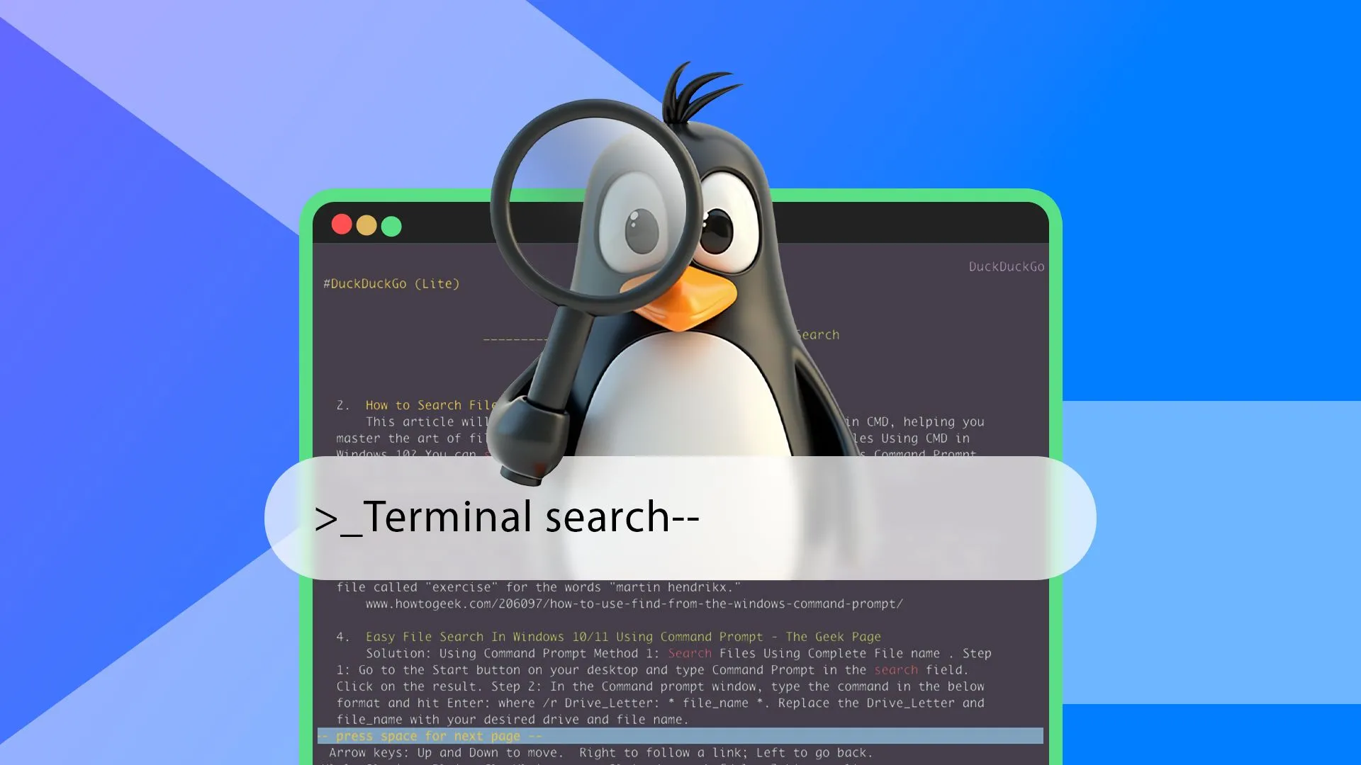 Giao diện terminal Linux với thanh tìm kiếm và linh vật Tux đang cầm kính lúp, tượng trưng cho kỹ năng tìm hiểu Linux.