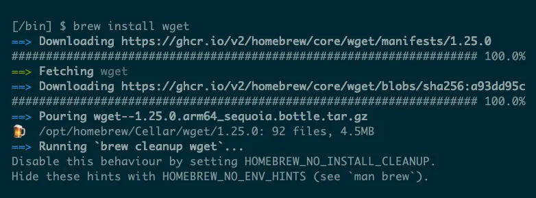 Giao diện Terminal trên macOS hiển thị lệnh brew install wget để cài đặt công cụ tải dữ liệu