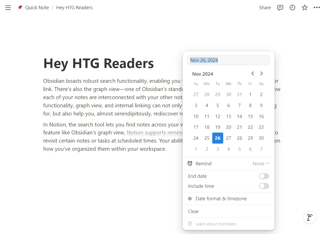 Giao diện thiết lập lời nhắc (reminders) trong Notion giúp người dùng quản lý thời gian