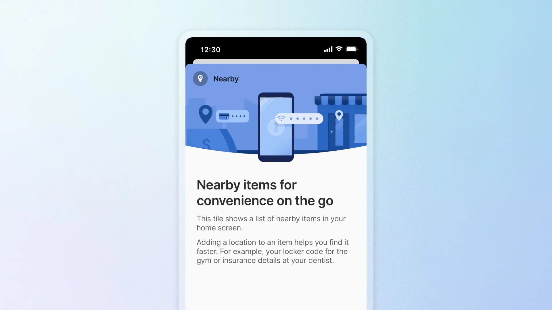 Giao diện tính năng Nearby Items của 1Password trên điện thoại thông minh
