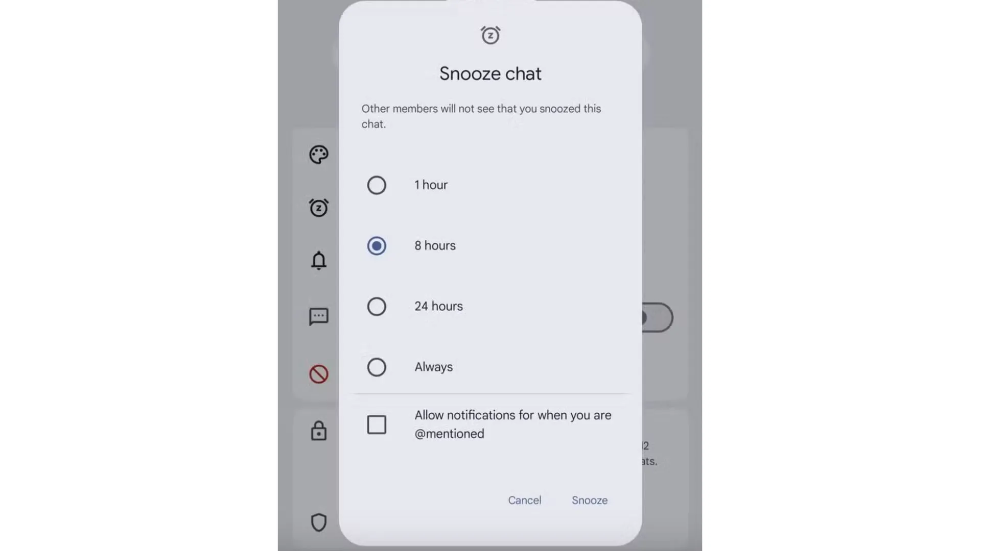 Giao diện tính năng tạm ẩn cuộc trò chuyện (Snooze chat) trong Google Messages với các tùy chọn thời gian 1 giờ, 8 giờ và 24 giờ