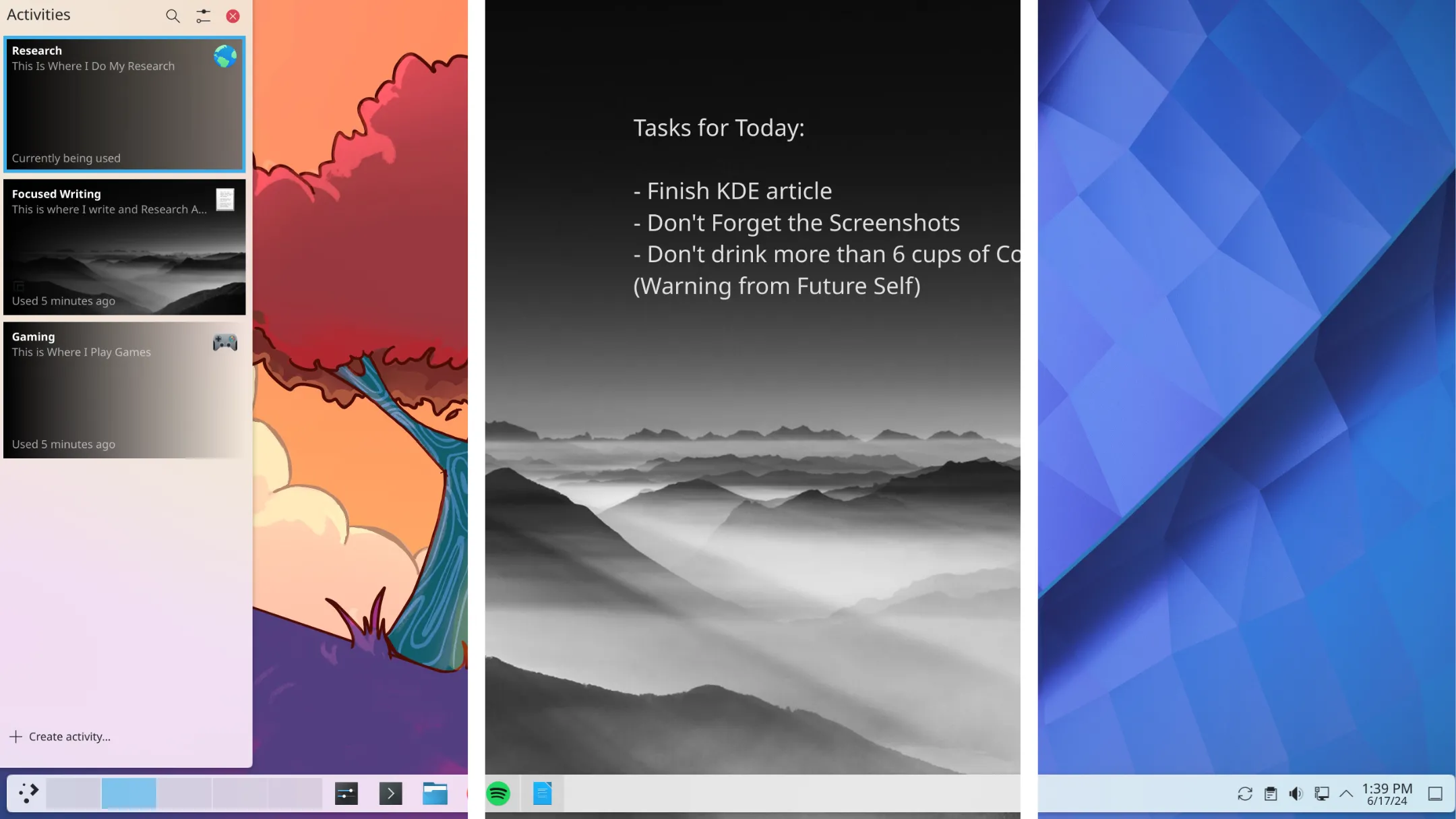 Giao diện tổng quan KDE Activities hiển thị các không gian làm việc khác nhau