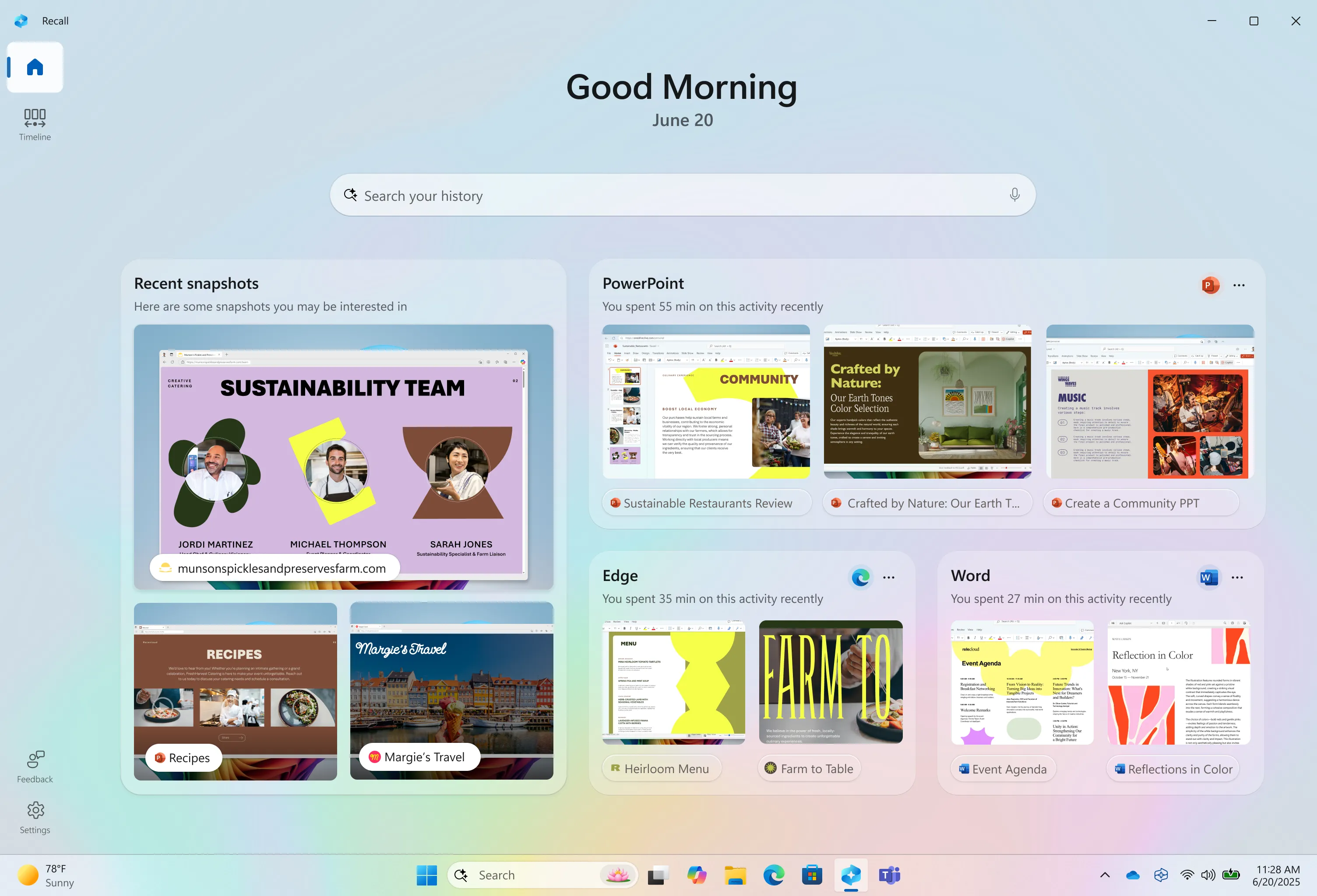 Giao diện trang chủ mới của Windows Recall hiển thị các ứng dụng và trang web được truy cập nhiều nhất.