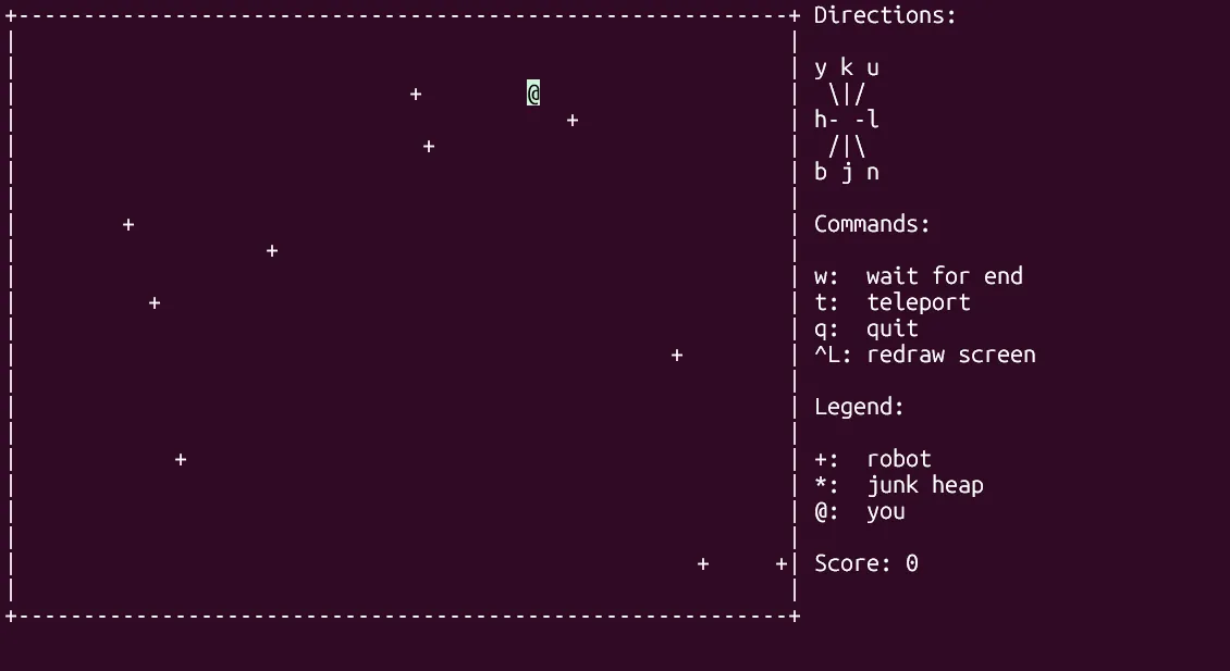 Giao diện trò chơi Robots trong BSD games đang diễn ra trên terminal