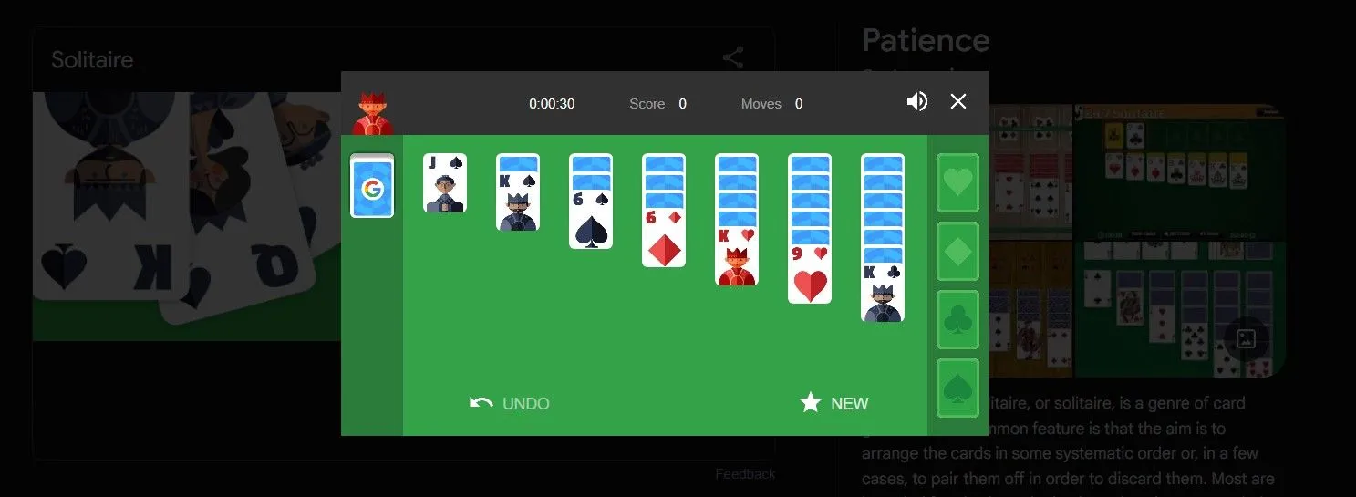 Giao diện trò chơi Solitaire cổ điển khi được tìm kiếm và chơi trên Google.