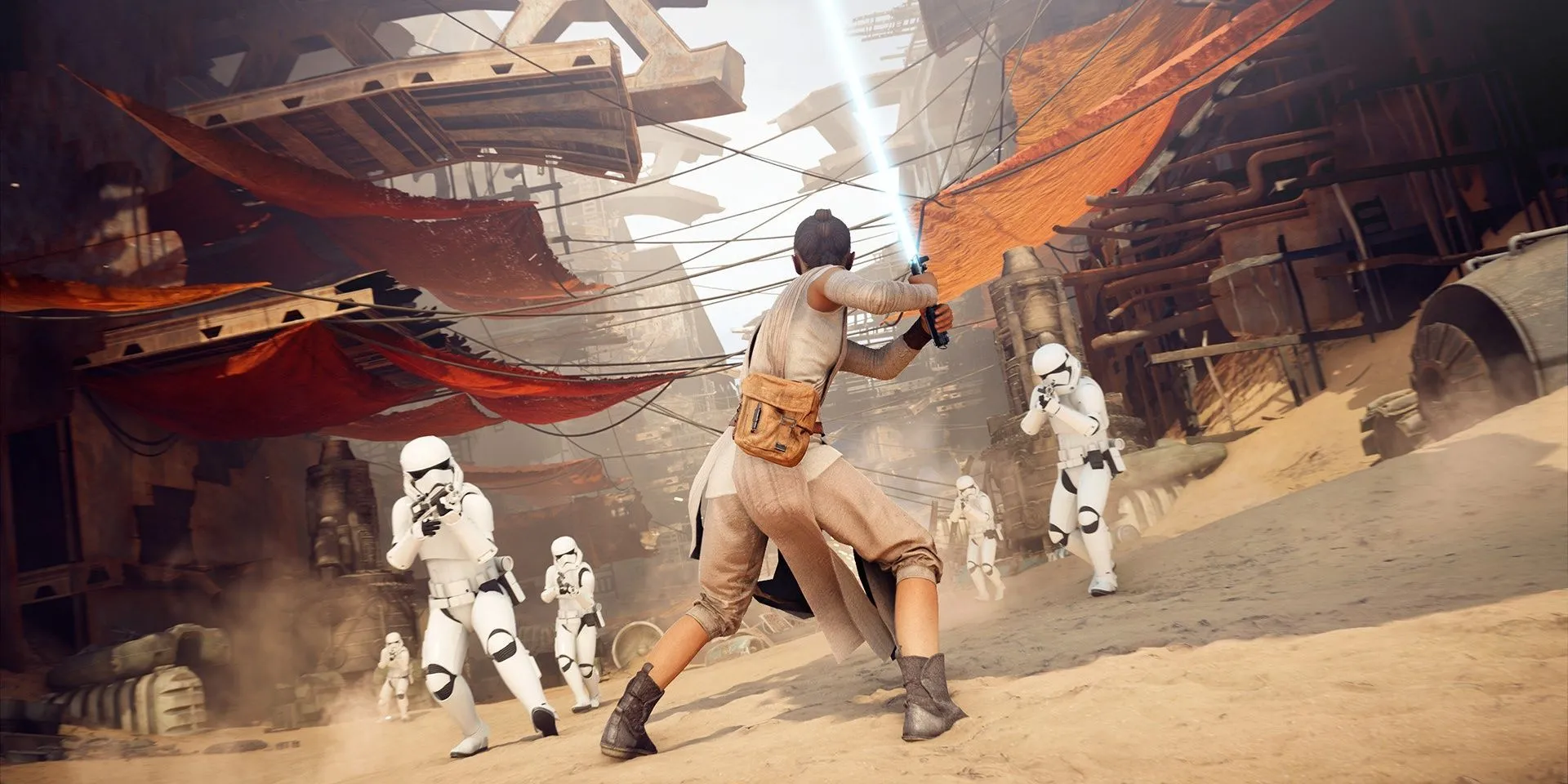 Giao diện trong game Star Wars Battlefront II với Jedi đối đầu Stormtroopers.