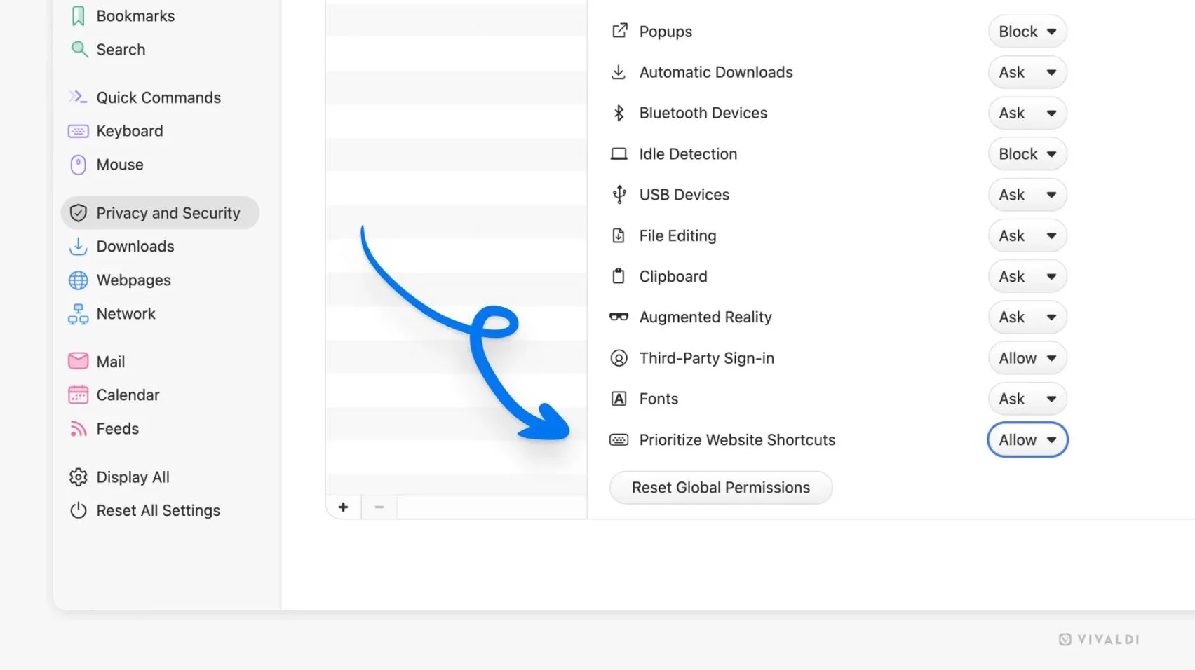 Giao diện tùy chỉnh phím tắt Vivaldi 7.4 theo từng trang web