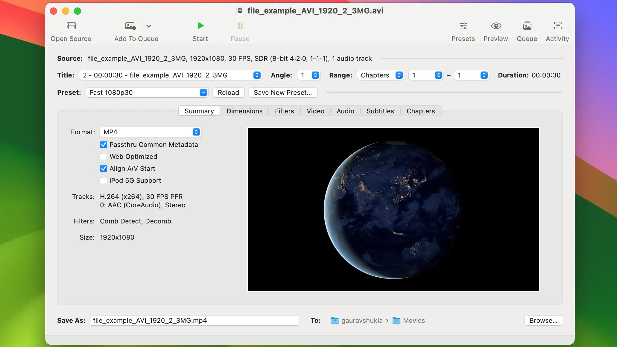 Giao diện ứng dụng chuyển đổi video Handbrake trên macOS, hiển thị các tùy chọn mã hóa.