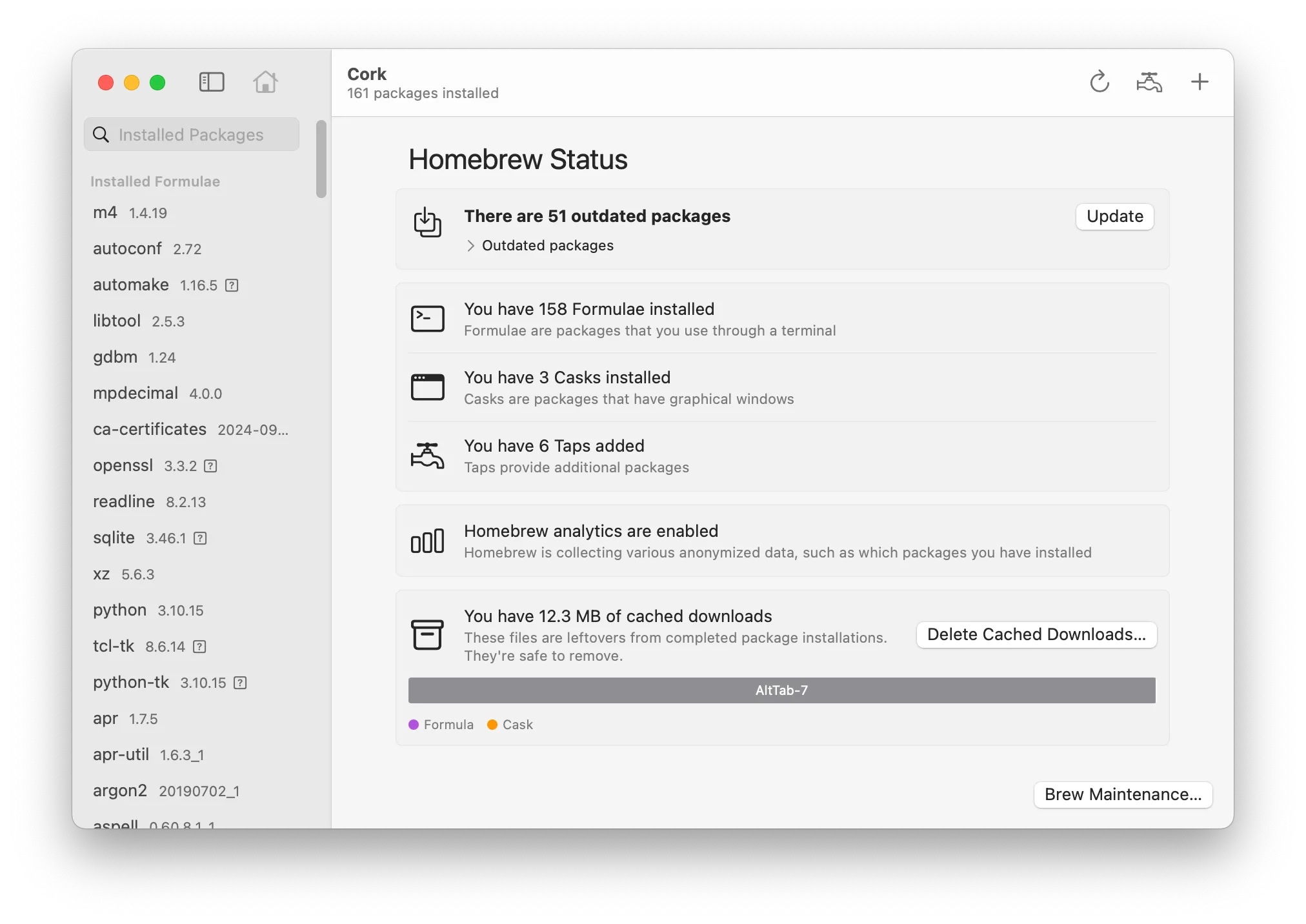 Giao diện ứng dụng Cork hiển thị trạng thái Homebrew trên macOS, bao gồm các gói lỗi thời và số lượng phần mềm đã cài đặt, chứng minh khả năng quản lý gói mạnh mẽ của Homebrew.