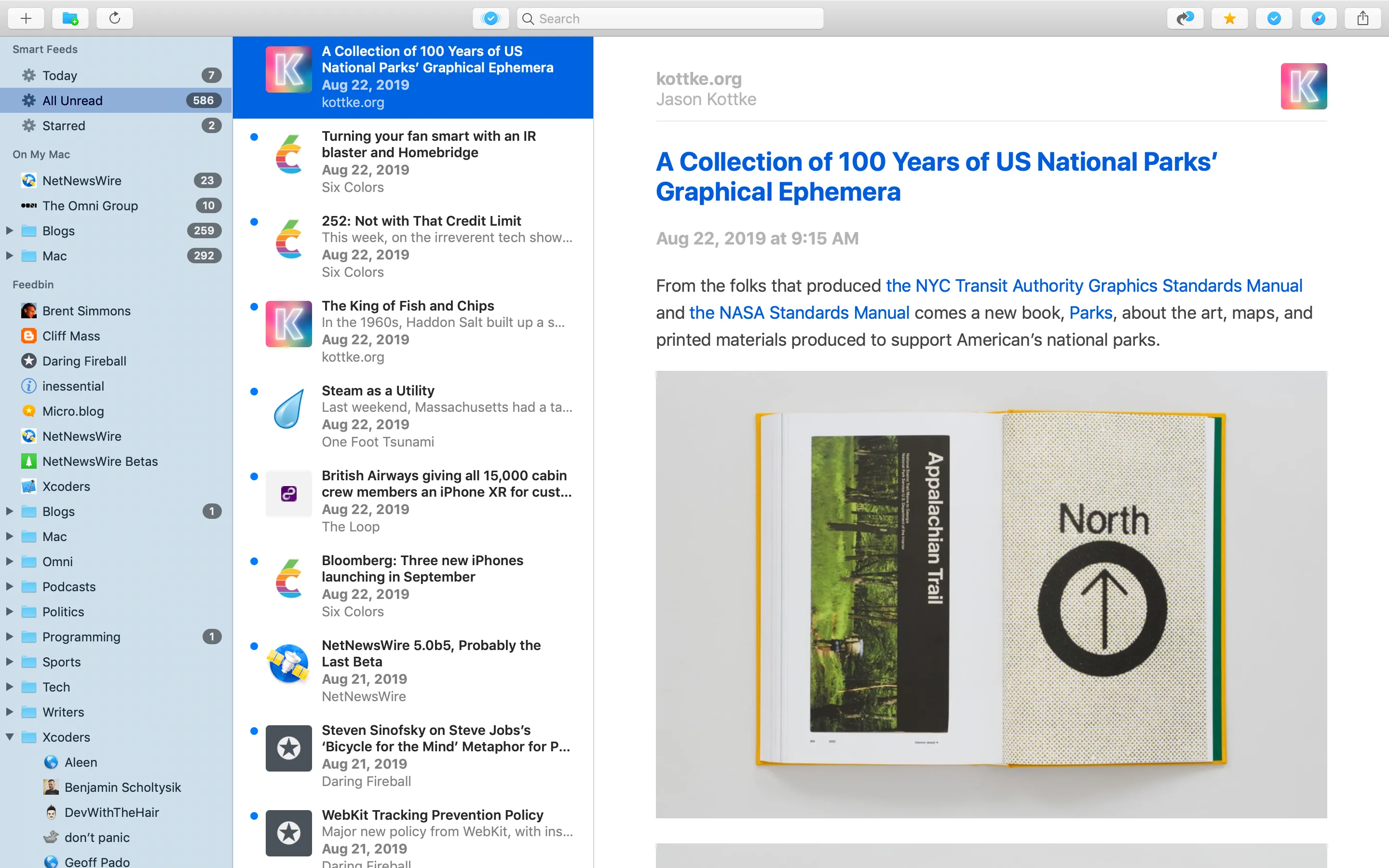 Giao diện ứng dụng đọc tin RSS NetNewsWire trên macOS, hiển thị danh sách các bài viết mới.