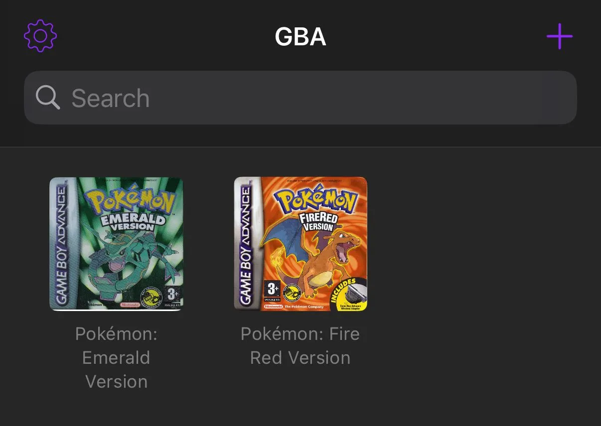 Giao diện ứng dụng giả lập Delta hiển thị danh sách các tệp ROM game Pokémon trong thư viện, sẵn sàng để chơi.