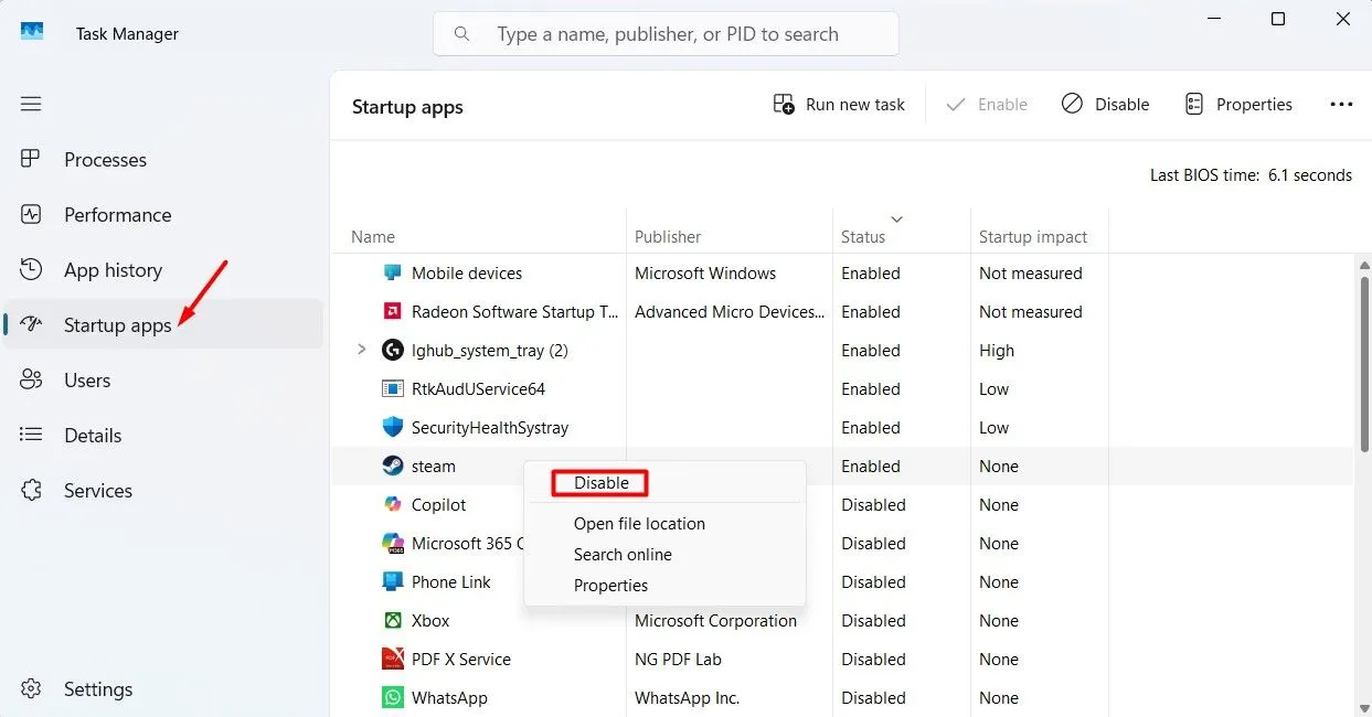 Giao diện &quot;Ứng dụng khởi động&quot; trong Task Manager Windows 11, cho phép quản lý ứng dụng khởi động cùng hệ thống.