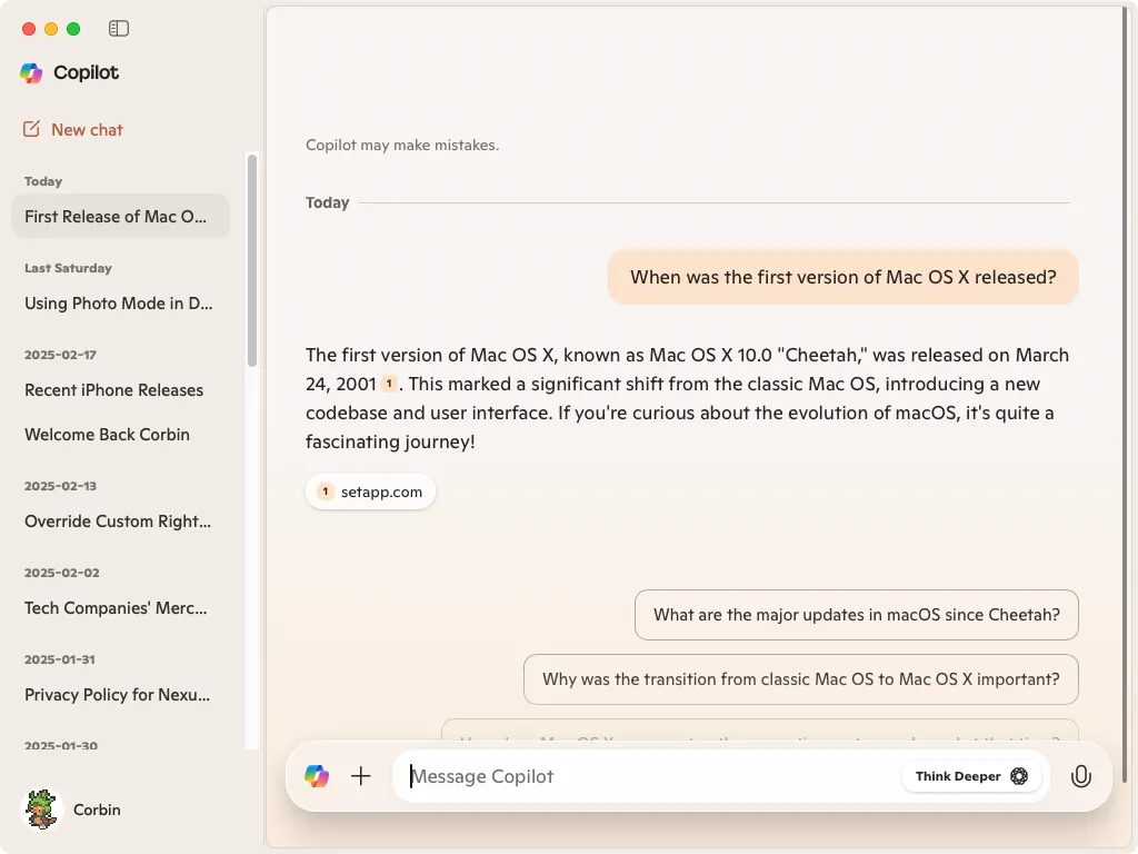 Giao diện ứng dụng Microsoft Copilot trên hệ điều hành macOS