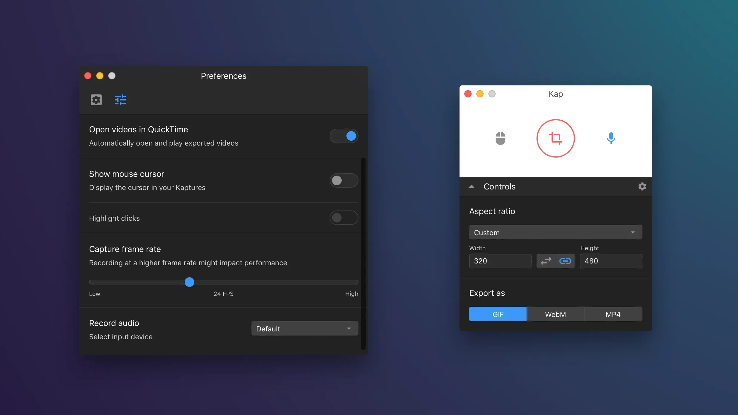 Giao diện ứng dụng quay màn hình Kap trên macOS với các tùy chọn ghi và xuất video/GIF.