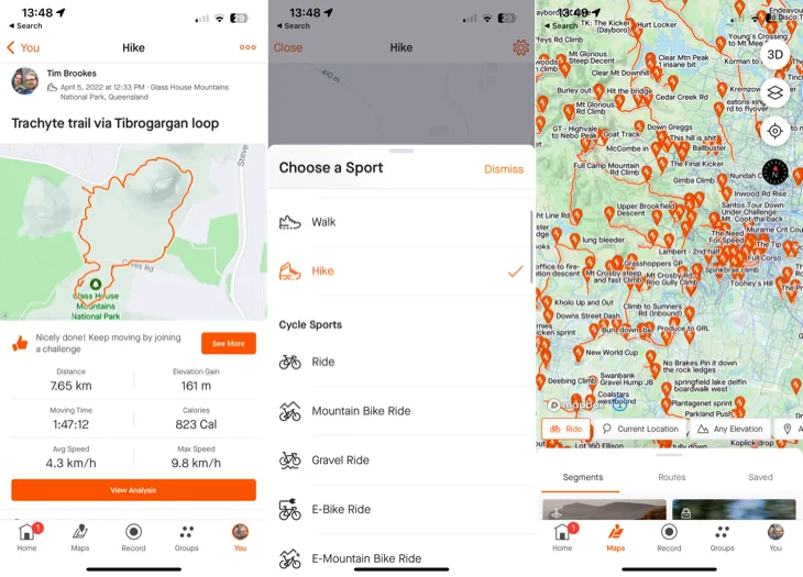 Giao diện ứng dụng Strava trên iPhone để theo dõi nhiều bài tập khác nhau.