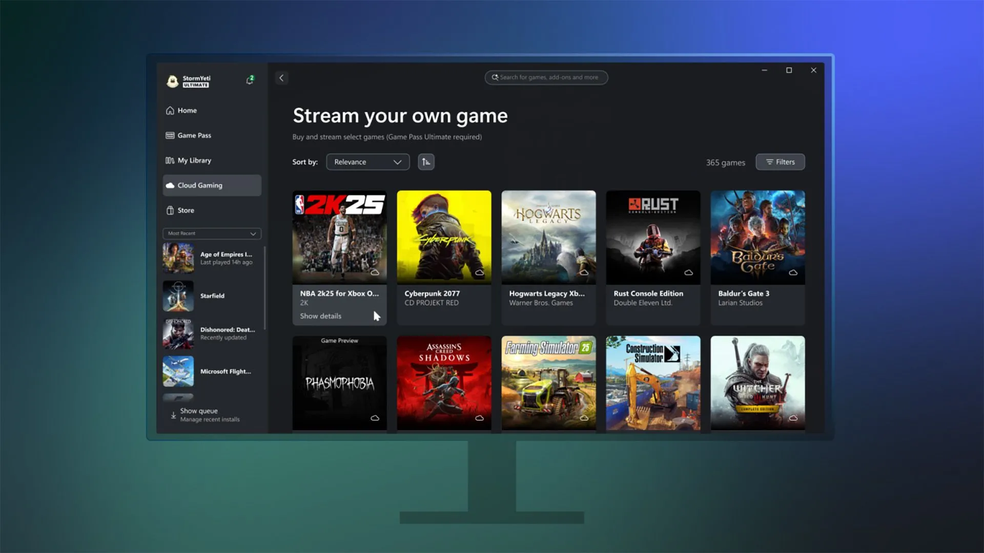 Giao diện ứng dụng Xbox PC hiển thị thư viện game và lịch sử chơi game đã được hợp nhất