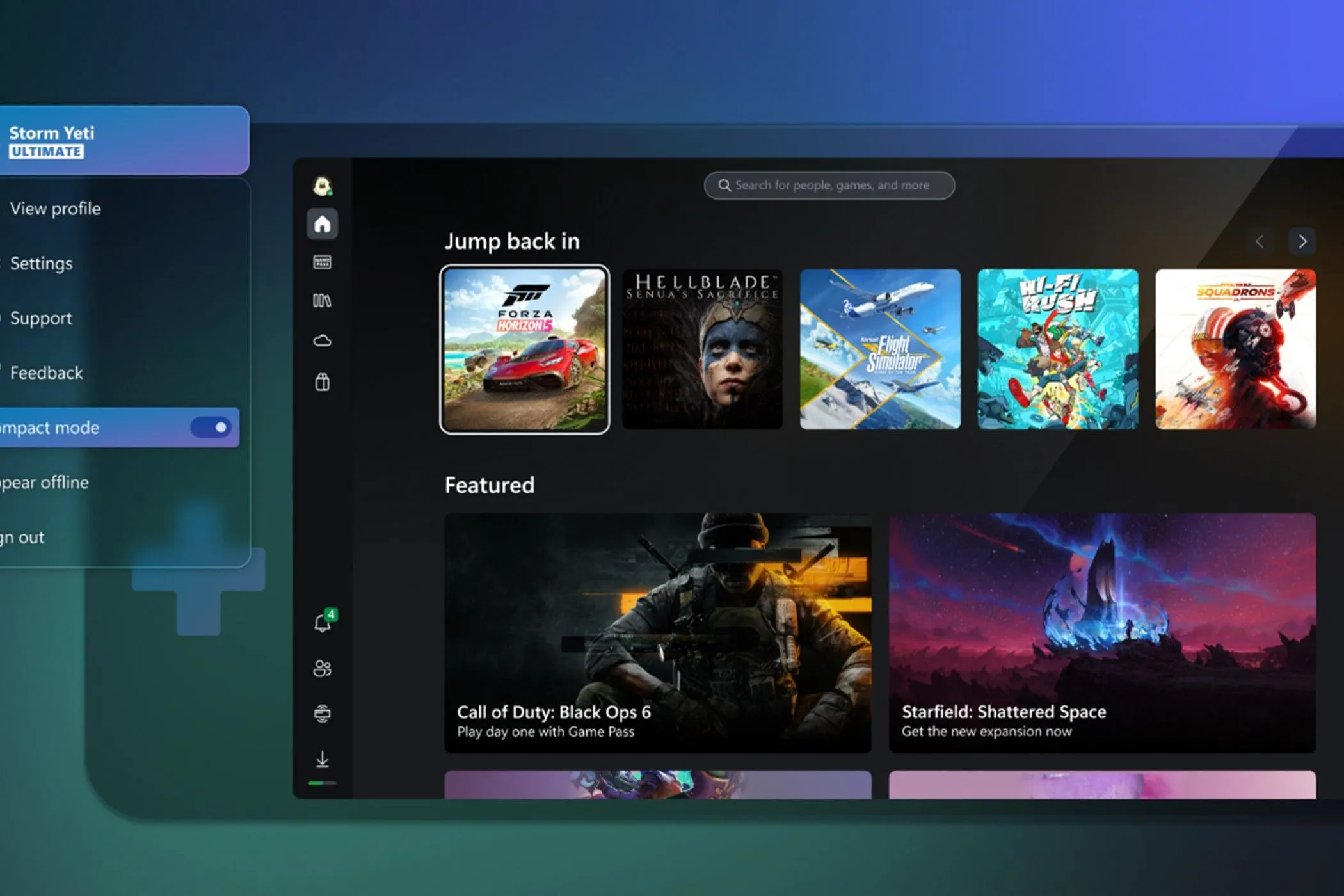 Giao diện ứng dụng Xbox trên PC với tính năng Quick Resume