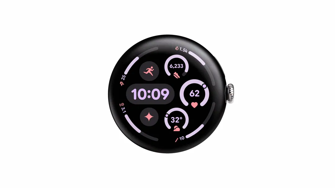 Giao diện Wear OS 6 với thiết kế Material 3 Expressive năng động, hiển thị các nút lớn và chủ đề màu sắc nhất quán trên smartwatch.