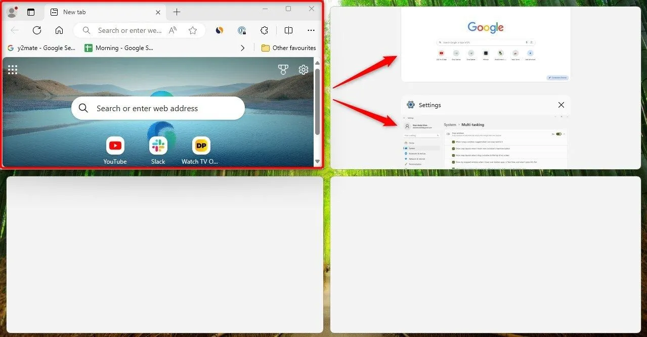 Giao diện Windows Snap Layouts với nhiều cửa sổ ứng dụng được chia bố cục khoa học trên màn hình siêu rộng.